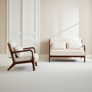 Banquette 2 places + Fauteuil bois d'hévéa teinté noyer clair et bouclette LORENS