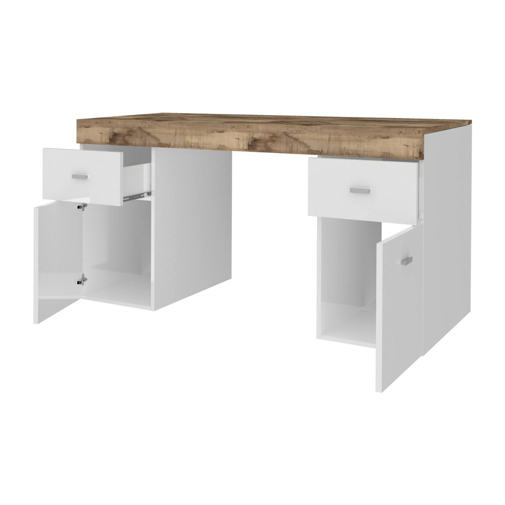 Scrivania per ufficio con cassettiera e piano contenitore, Made in Italy, Tavolo minimal, Scrittoio porta PC, cm 130x60h75, colore Bianco lucido e Acero