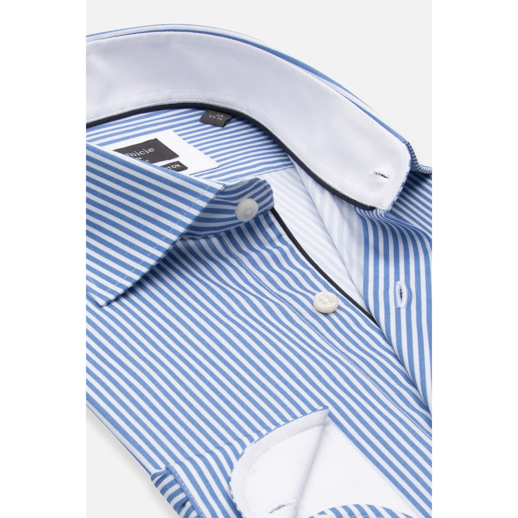 Camicia Uomo 1 Bottone Francese Slim Popeline Stretch Riga Media Bianco\Blu Inchiostro