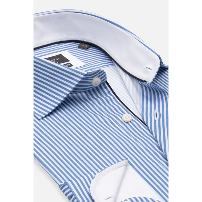 Camicia Uomo 1 Bottone Francese Slim Popeline Stretch Riga Media Bianco\Blu Inchiostro