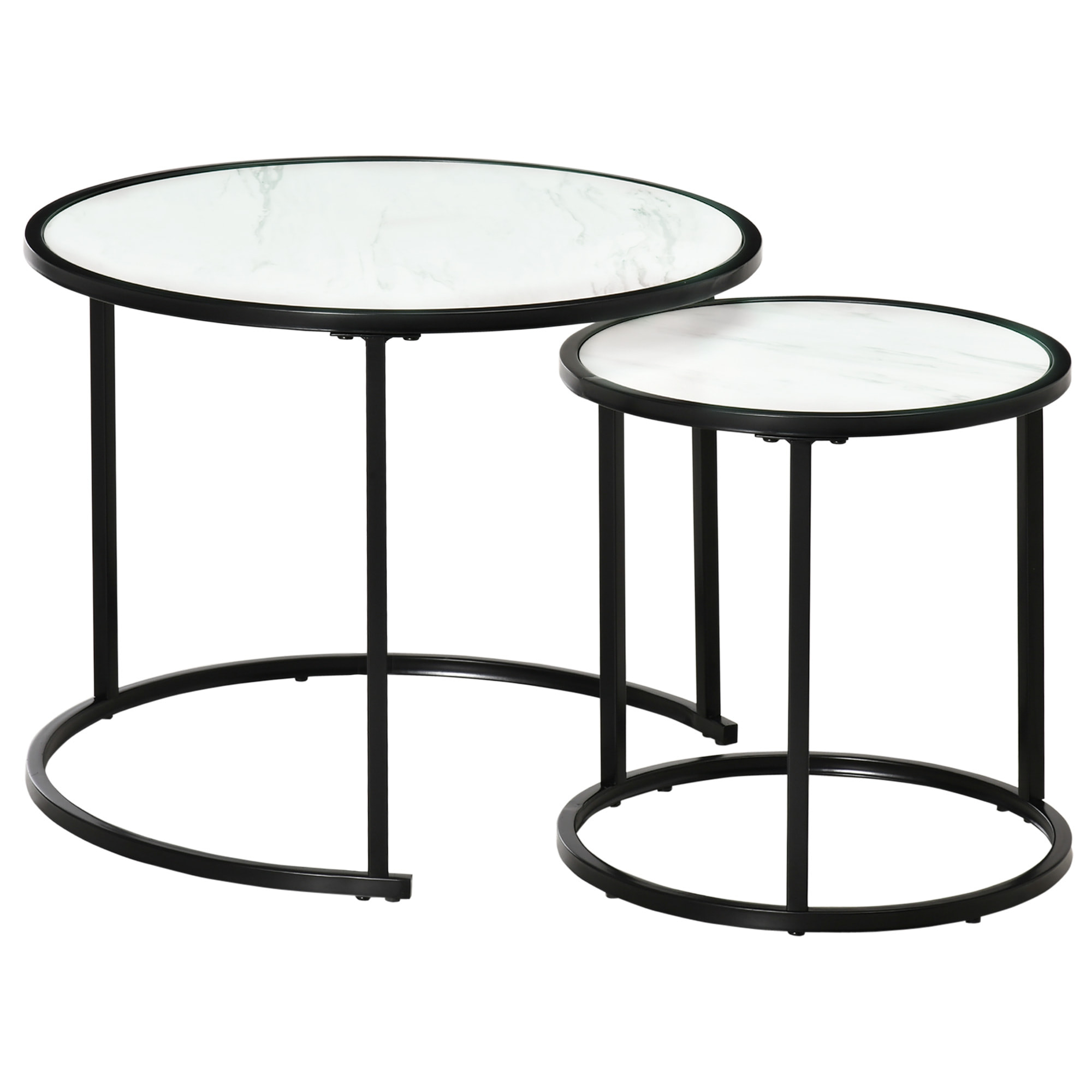 Lot de 2 tables basses rondes gigognes empilables métal noir aspect marbre blanc