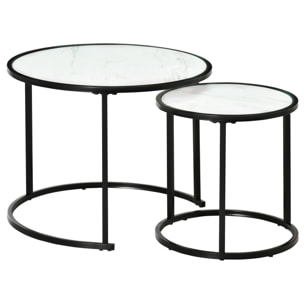 Lot de 2 tables basses rondes gigognes empilables métal noir aspect marbre blanc