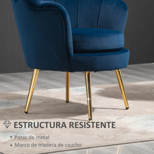 Butaca de Salón Tapizada en Terciopelo Sillón Butaca de Dormitorio con Respaldo en Forma de Concha y Patas Doradas para Comedor 76x67x74 cm Azul