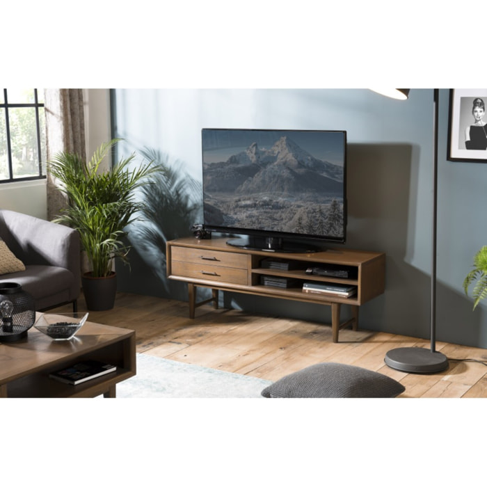 LARA - Meuble TV marron 2 tiroirs 2 niches bois Mindi