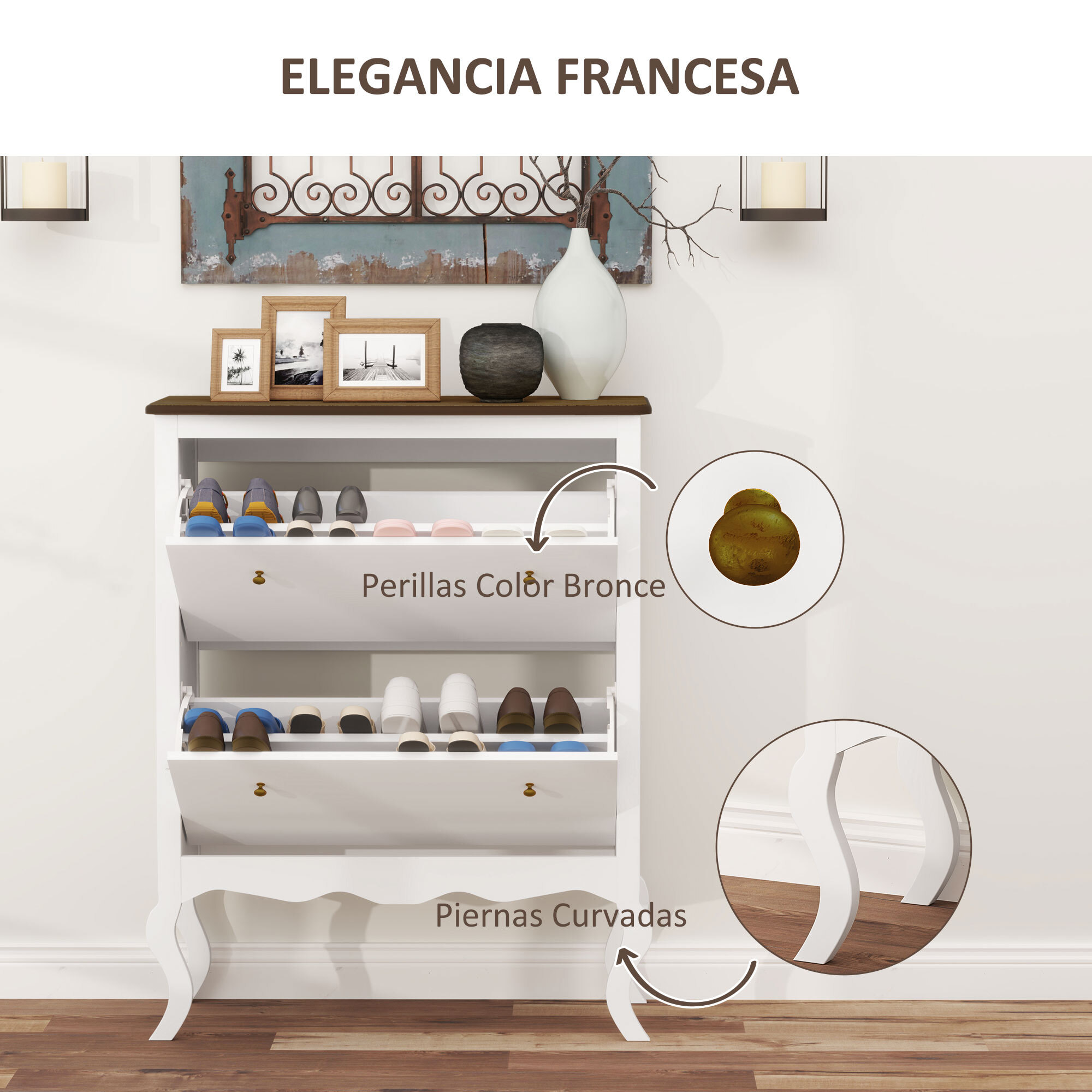 Mueble Zapatero Estilo Francés Zapatero de Entrada Recibidor con 2 Cajones Abatibles Estantes Ajustables para 16 Pares de Zapatos Zapatero Estrecho para Pasillo 84x29x109 cm Blanco