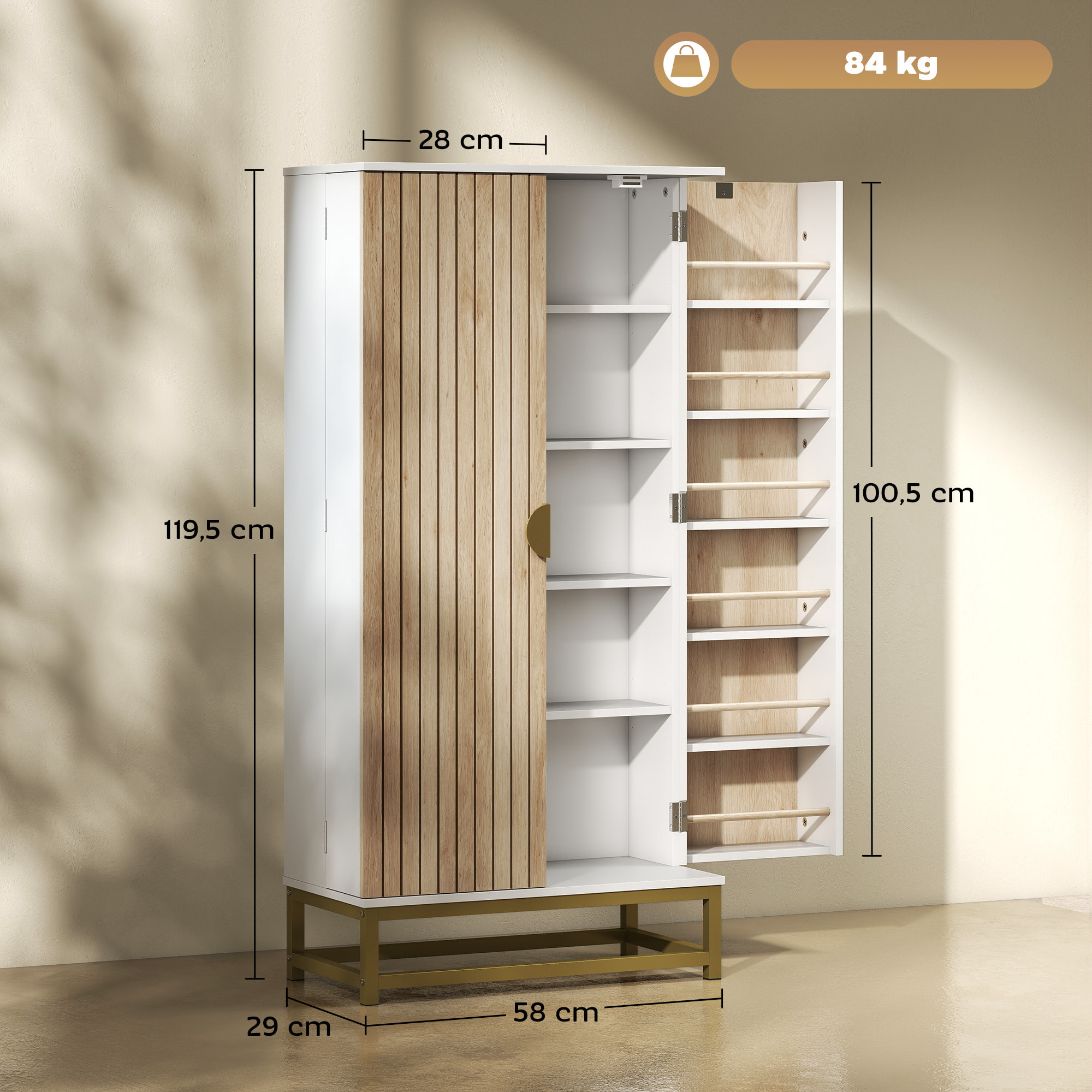Armoire de cuisine design 2 portes effet claustra bois - 12 étagères de porte + 4 étagères internes - acier doré blanc