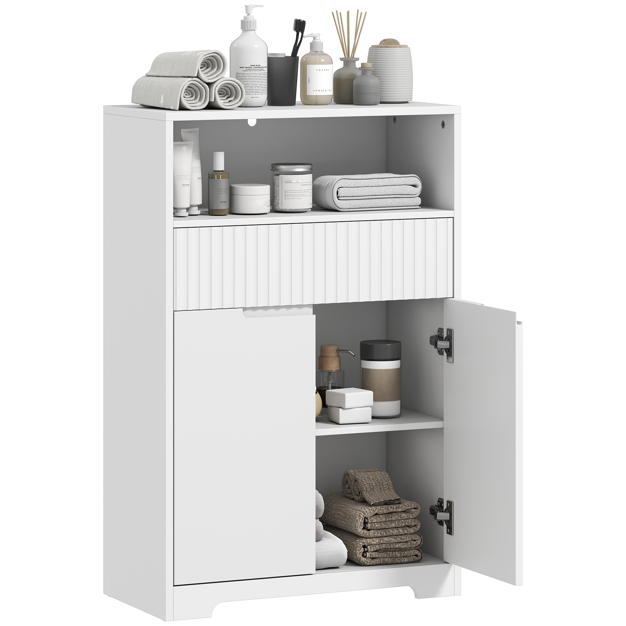 HOMCOM Armario de Baño Estrecho, Mueble de Baño con Cajón de Frontal Acanalado, Estante Abierto, 2 Puertas y Estante Ajustable, Estilo Moderno, 60x30x91,5 cm, Blanco