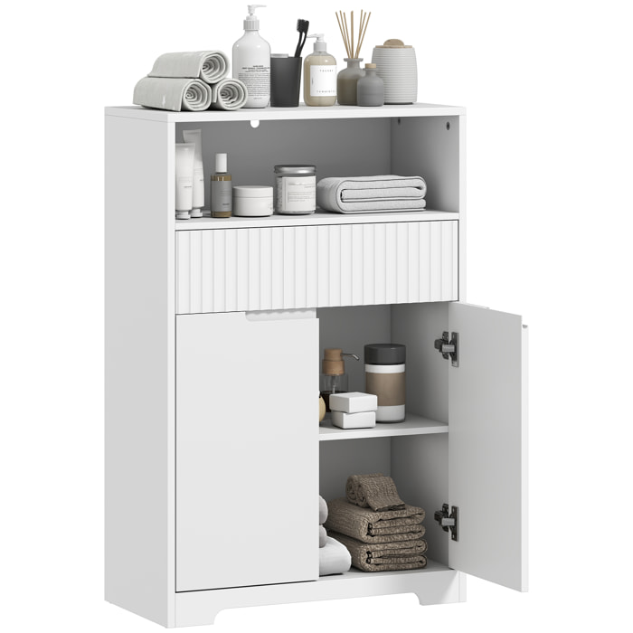 HOMCOM Armario de Baño Estrecho, Mueble de Baño con Cajón de Frontal Acanalado, Estante Abierto, 2 Puertas y Estante Ajustable, Estilo Moderno, 60x30x91,5 cm, Blanco