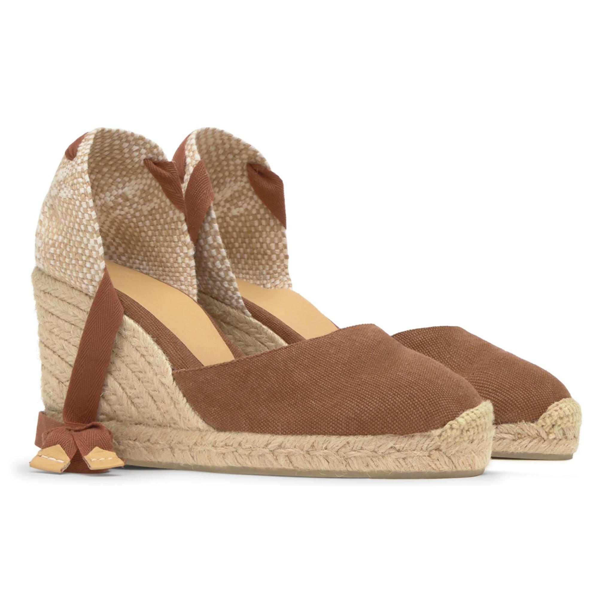 Alpargata de cuña 6 cm en lona de algodón con cintas al tobillo y talonera trenzada