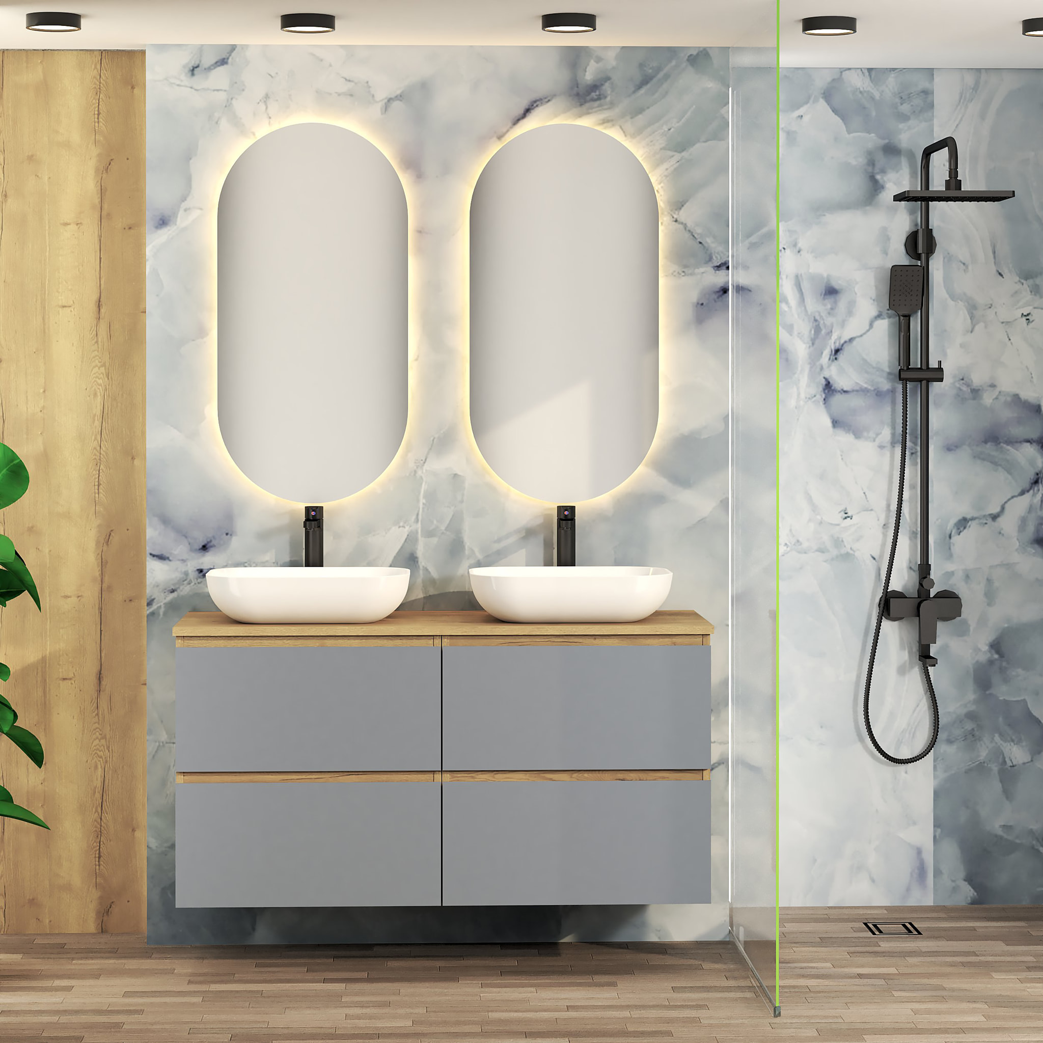 Conjunto de Baño Nia | Mueble Suspendido | 140 cm Azul | Cuatro Cajones | Lavabo sobre Encimera | No incluye Espejo | Mueble Montado| Alday