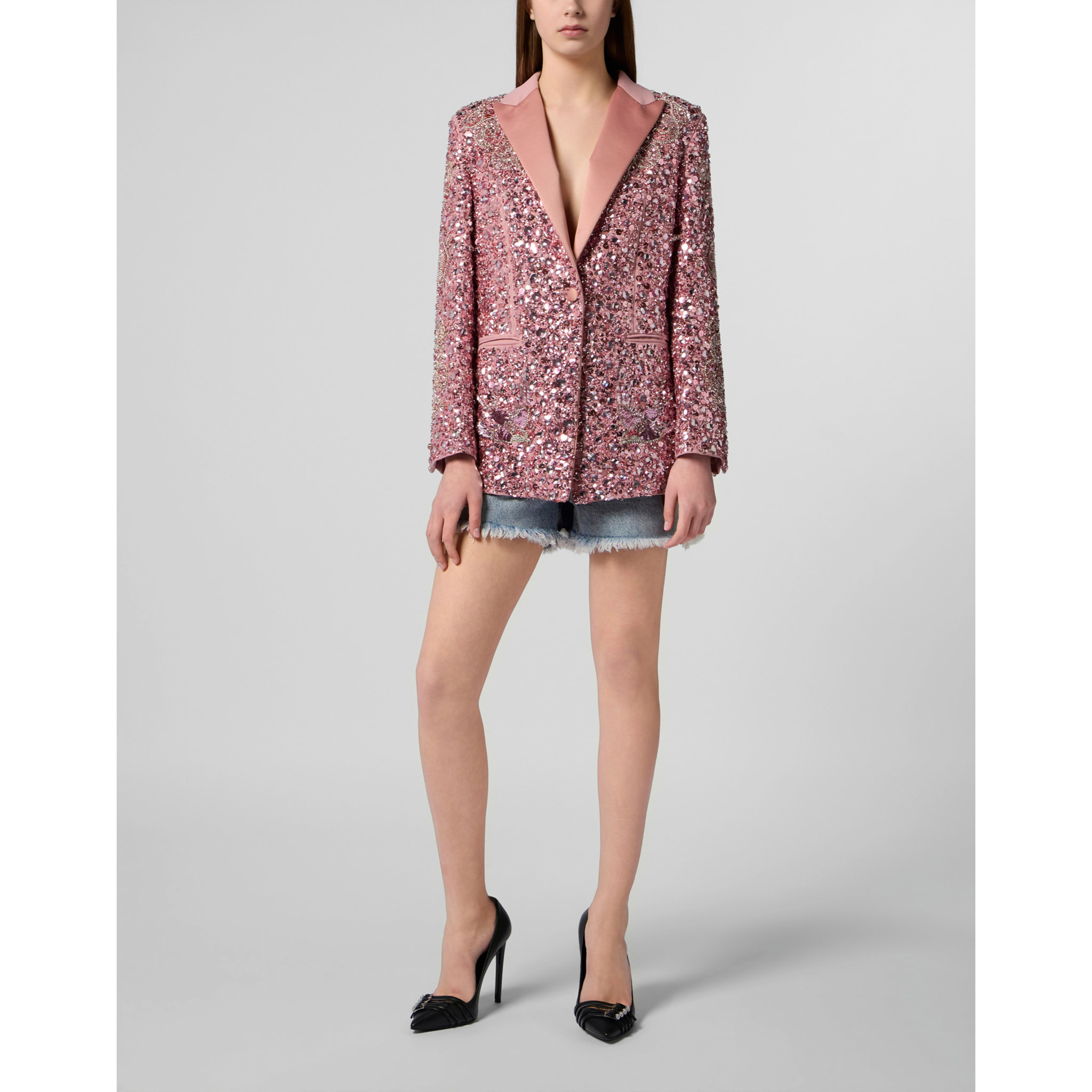 PHILIPP PLEIN Boyfriend's Fit Blazer Butterfly Tattoo Paillettes