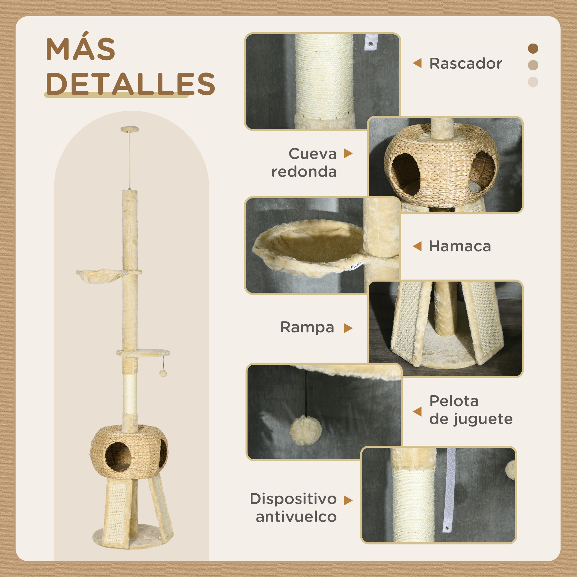 Árbol para Gatos de Suelo a Techo de 225-255 cm Torre para Gatos Altura Ajustable con Cueva Plataformas Hamaca Postes Rascadores Rampas y Bolas Colgantes Ø48x225-255 cm Beige