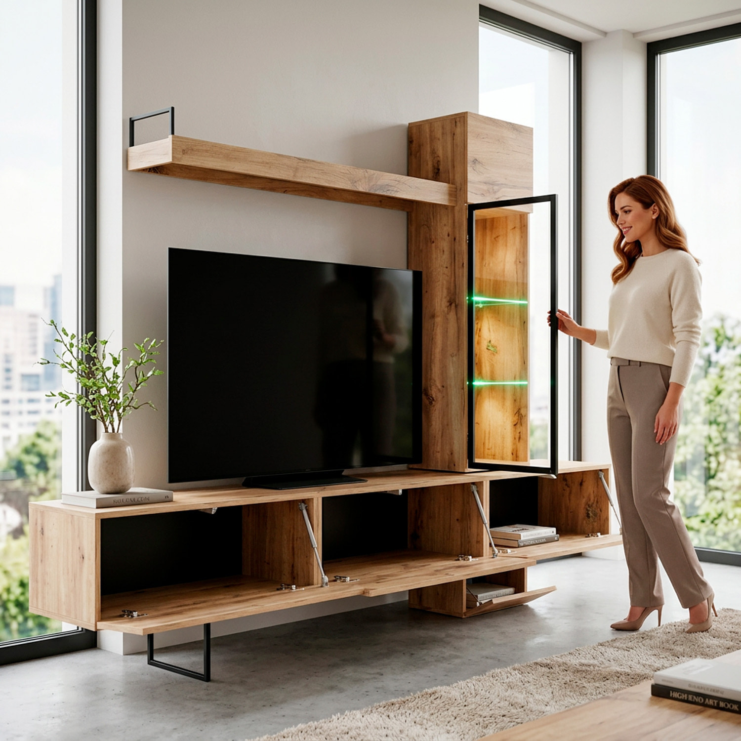 Parete Attrezzata Soggiorno Mobile Tv Colonna Vetrina Led Mensola Moderno Living Arredo Casa Contenitore Resistente Salvaspazio 240x 170x 40 Cm Rovere