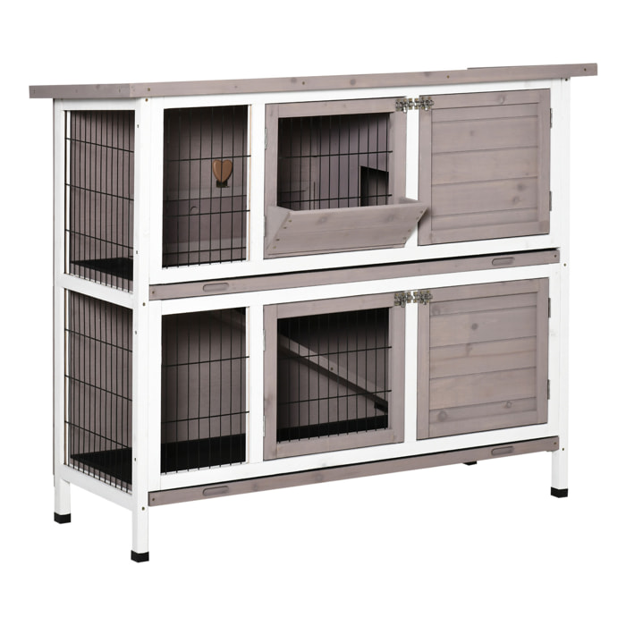 Clapier à lapin cage à lapin 2 étages trappe de séparation amovible 4 portes verrouillables 2 plateaux coulissants rampe toit ouvrant bois de sapin gris blanc
