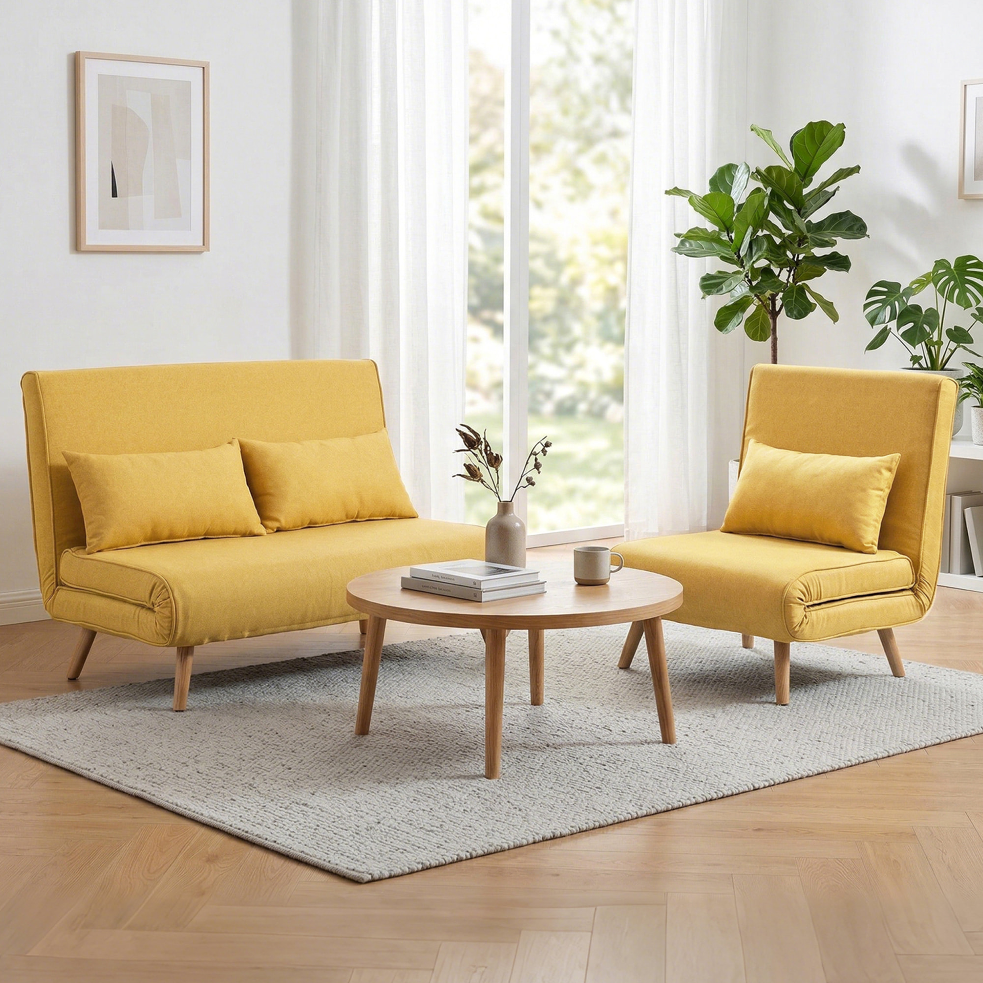 Sofá Cama de 2 Plazas Plegable 3 en 1, Sofá Cama, Tapizado en Lino, con Respaldo Ajustable 5 Posiciones, 2 Almohadas, para Dormitorio, Salón, Amarillo