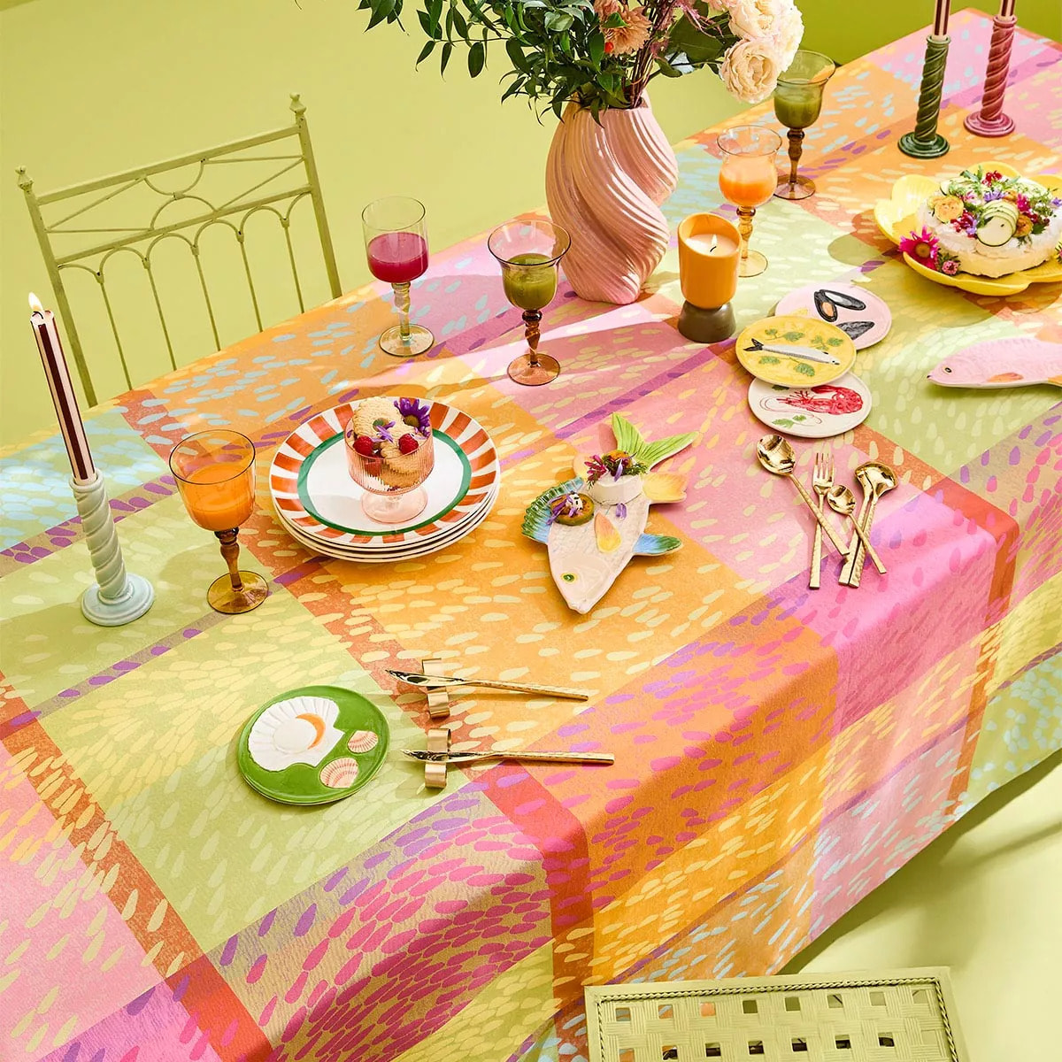 Nappe pur coton 220 g/m² motif jacquard rose vert Mille sources berlingot