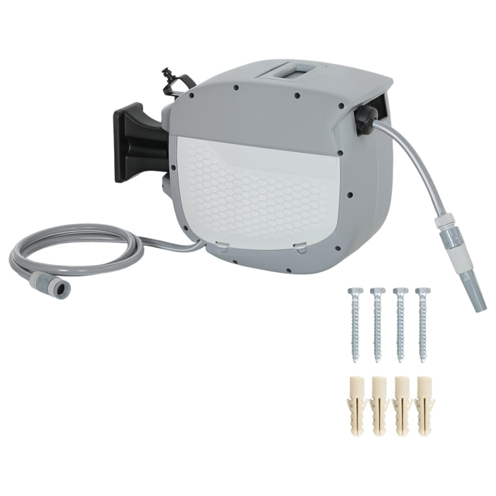 Enrollador de Manguera para Jardín 20+1,9 m con Boquilla de 2 Modos, Carrete de Manguera de Jardín de Pared con Bloqueo Automático y Retracción Controlada, Soporte Orientable 180°, Gris