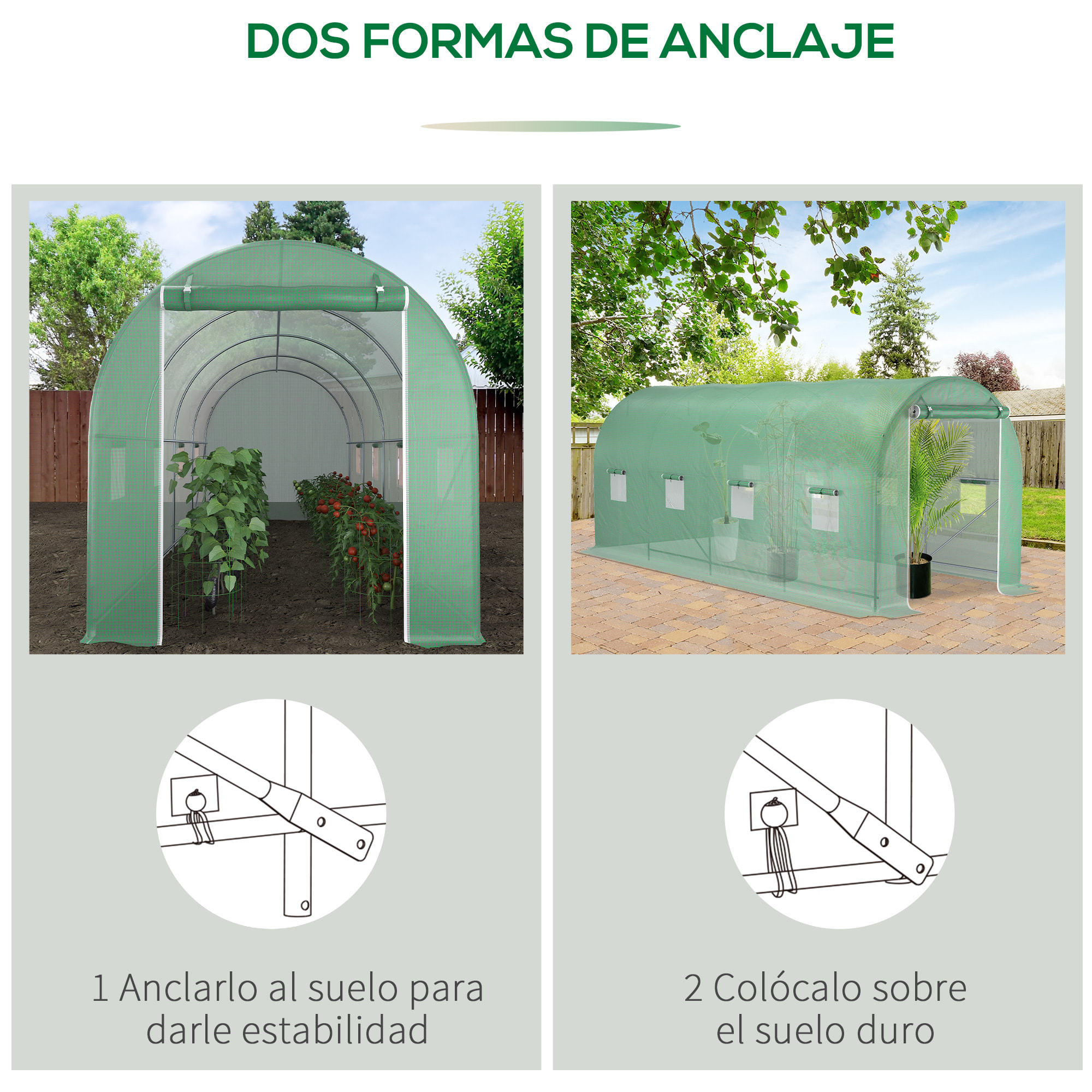 Invernadero de Túnel 500x200x205 cm Invernadero de Jardín con Puerta Enrollable y 8 Ventanas Cubierta PE 140 g/m² Marco de Metal para Cultivo Plantas Verduras Verde