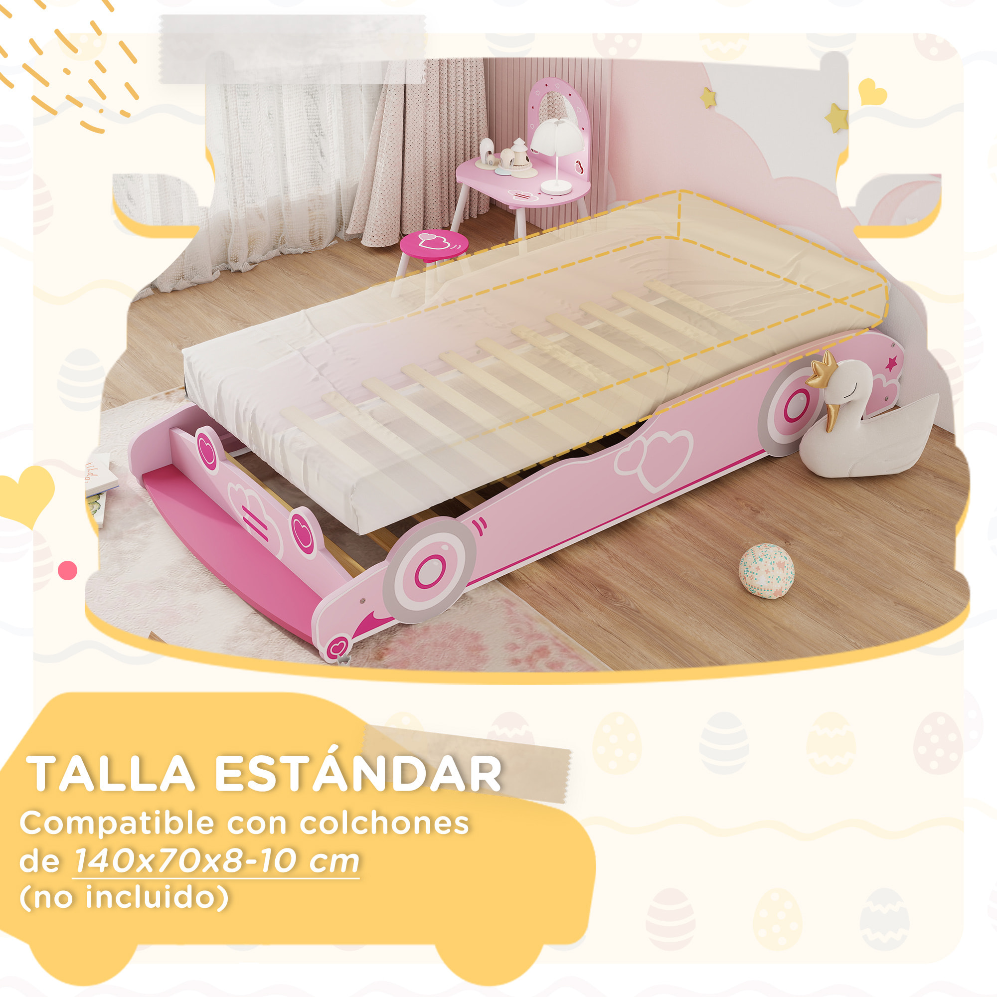 Cama Infantil 70x140 cm, Forma de Coche, Cama para Niños con Barrera Anticaídas y Somier, para Niños y Niñas de 3-5 Años, Rosa
