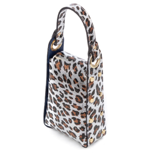 Alviano bolso de mano mujer. Piel auténtica Gamuza con estampado animal print leopardo lacada brillante.