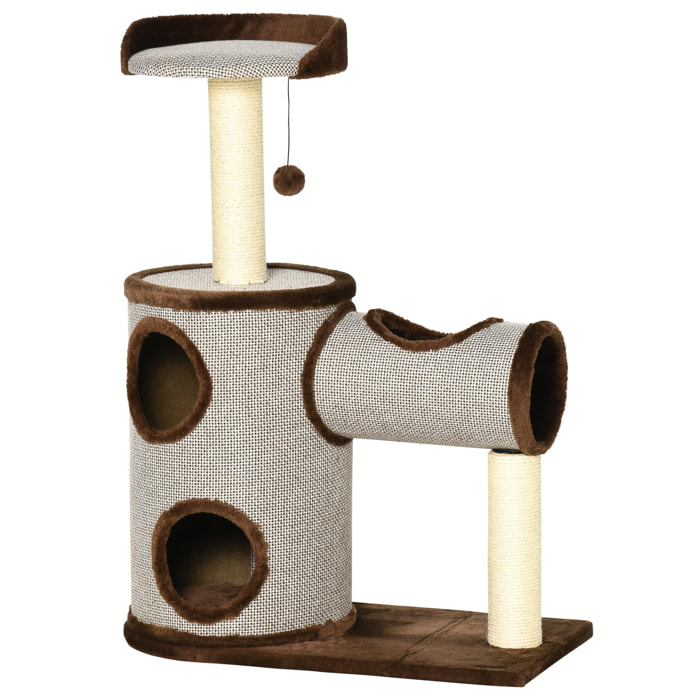 Árbol Rascador para Gatos Mediano Altura 104 cm Torre Escalador de Gato con Barril Rascador Cama Superior Túnel Postes de Sisal y Bola Colgante 75x39x104 cm Marrón