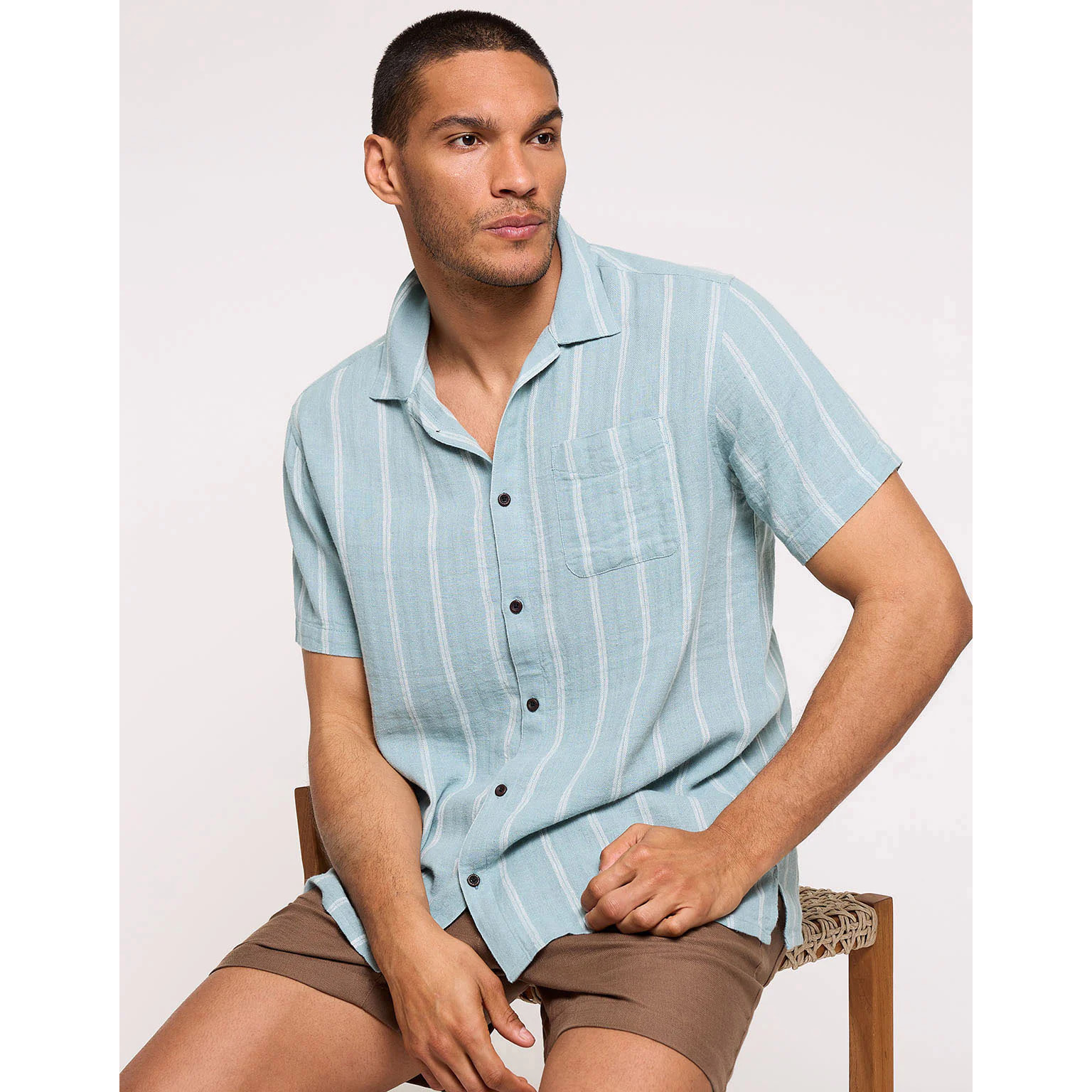 Camisa Manga Corta con Lino Azul Claro Rayas - Selvaire