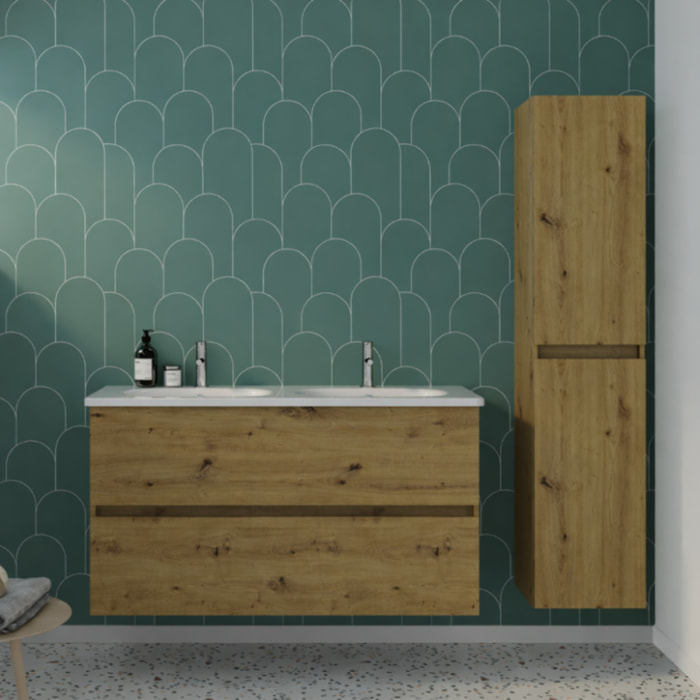 Pack meuble de salle de bain double vasque 120 cm chêne BURGBAD Joline + colonne
