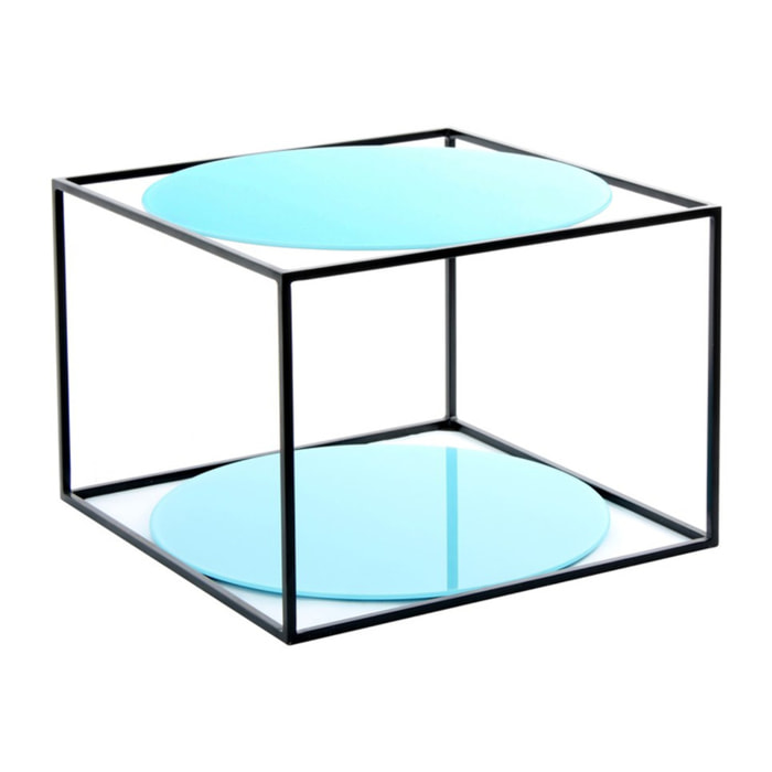 Tavolino da salotto Cody a cubo in metallo e vetro azzurro