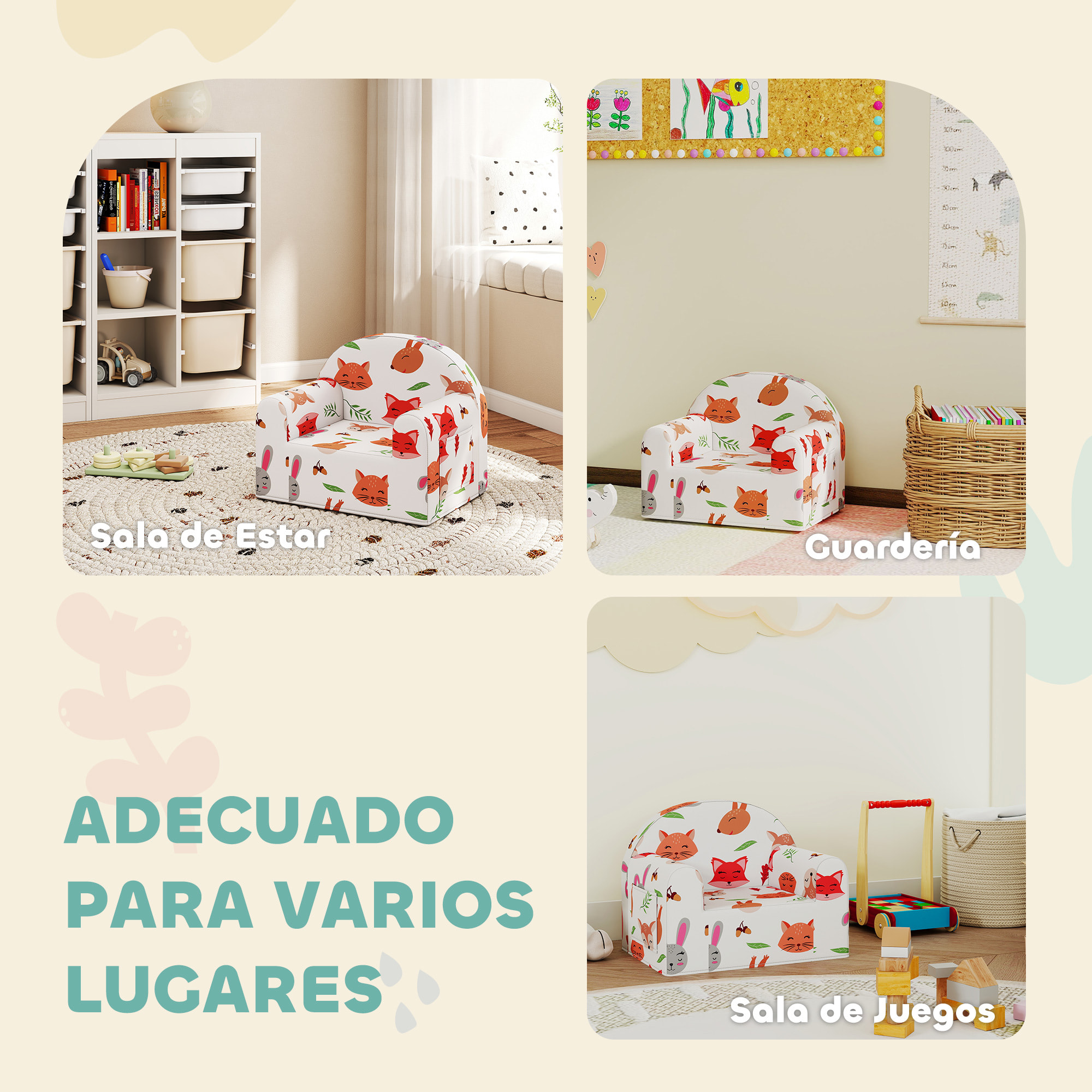Sillón Infantil con Estampado de Zorros, Sofá para Niños de 18-36 Meses con Funda Extraíble y Lavable, Bolsillo Lateral, Reposabrazos, Carga 45 kg, Blanco