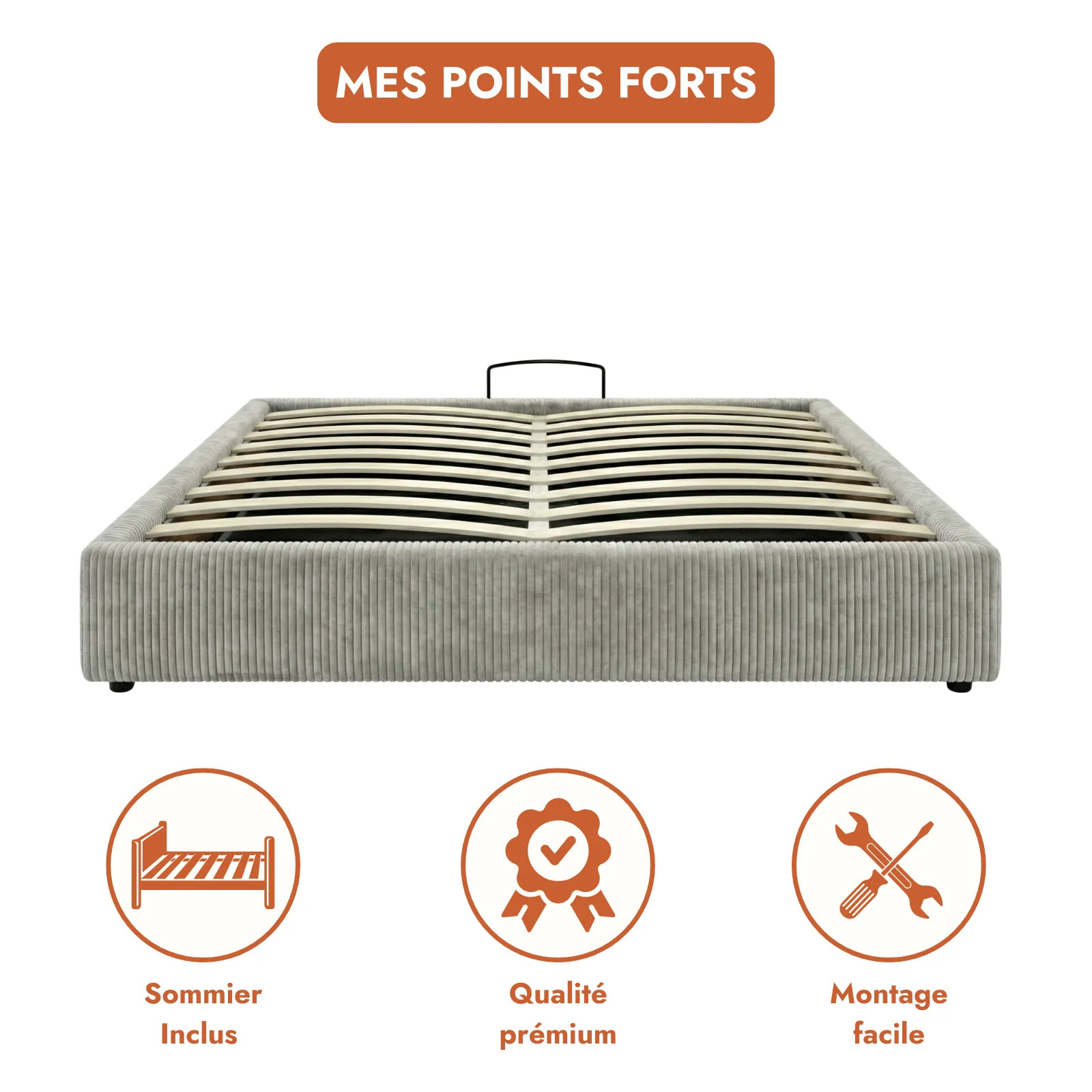 Lit coffre Futura | Ouverture électrique avec télécommande | Espace de stockage jusqu'à 900 L | Velours Côtelé | Gris