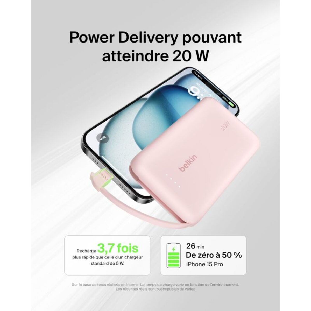 Batterie externe BELKIN 10000 mAh avec cable USB-C intégre pink