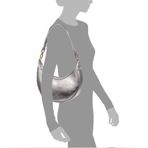 Asís bolso bandolera y mano, de piel auténtica acabado gamuza laminada, con diseño en media luna.