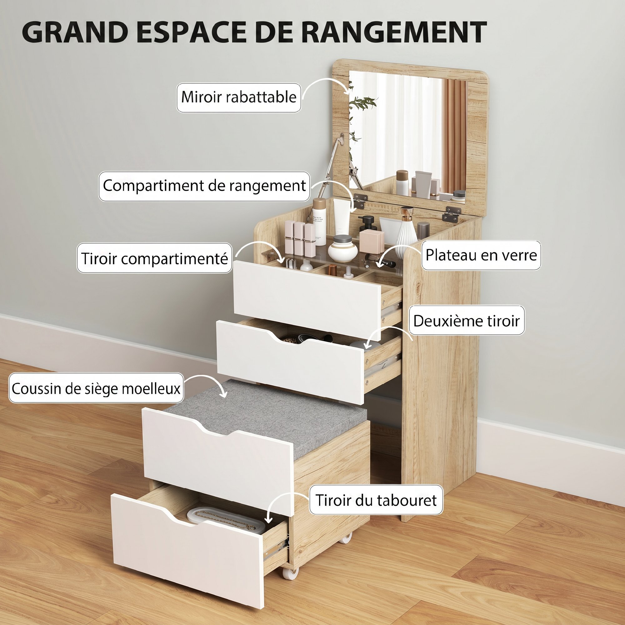 Coiffeuse chevet bureau d'appoint avec tabouret 3 en 1 multi-rangement