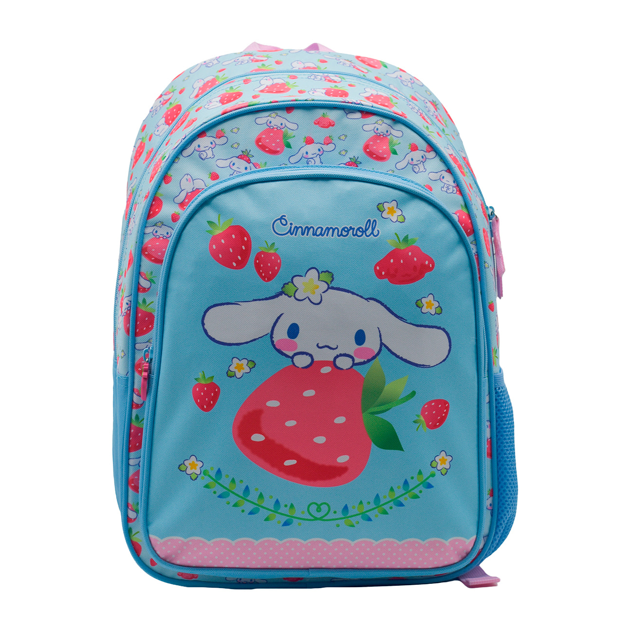 Zaino Primario Cinnamoroll a doppio scomparto, grande capacità e adattabile al carrello. Con accessorio pom pom.