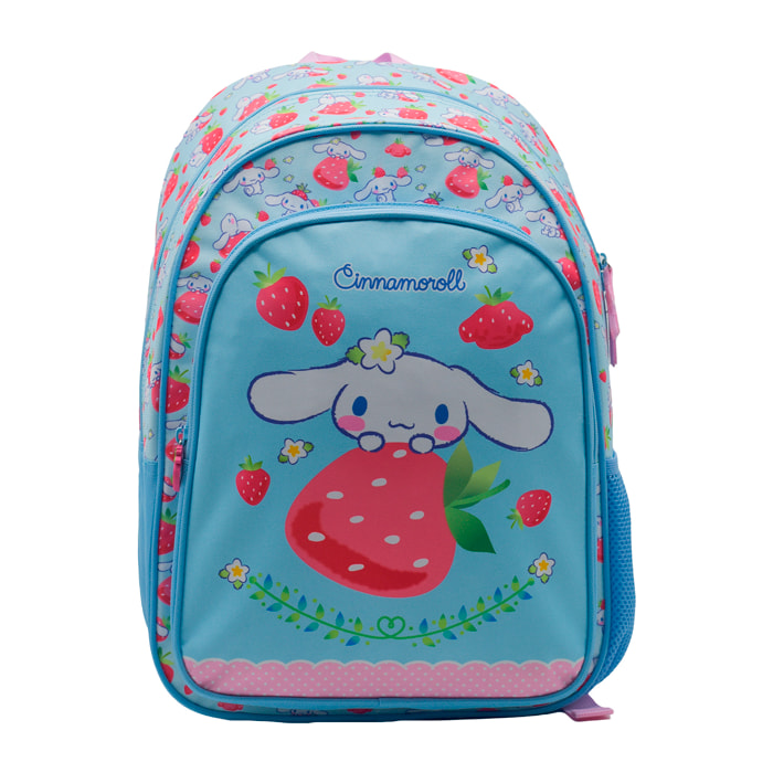 Zaino Primario Cinnamoroll a doppio scomparto, grande capacità e adattabile al carrello. Con accessorio pom pom.