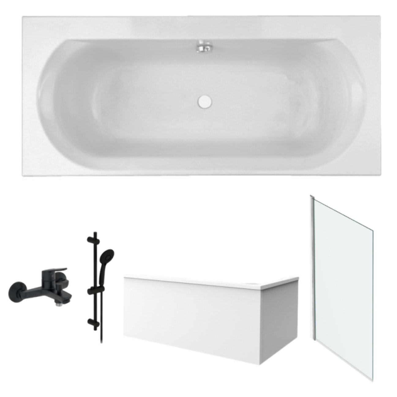Pack baignoire Elise + tablier angle + pommeau et mitigeur bain noir Aimé + pare bain chromé + vidage