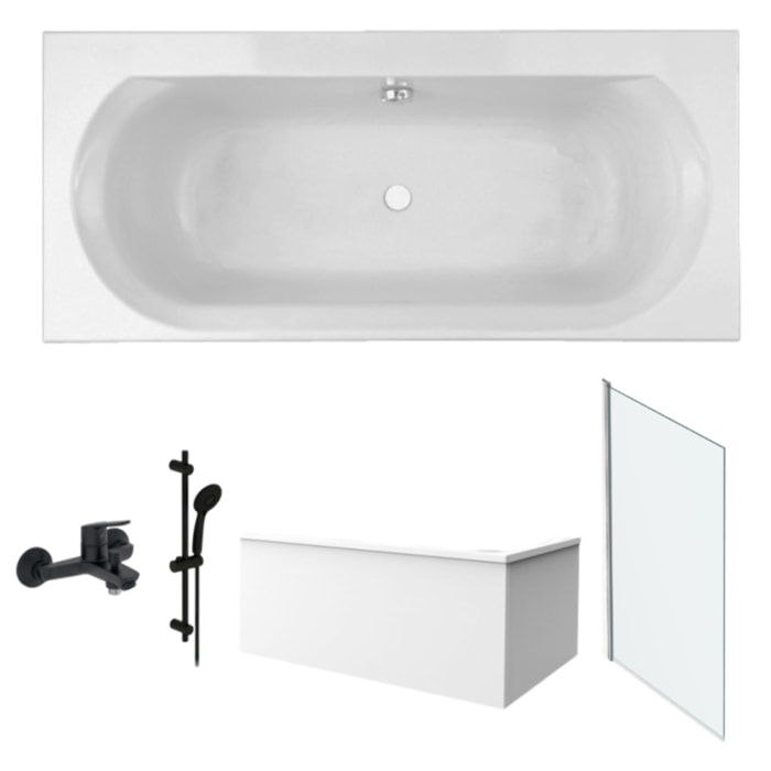 Pack baignoire Elise + tablier angle + pommeau et mitigeur bain noir Aimé + pare bain chromé + vidage