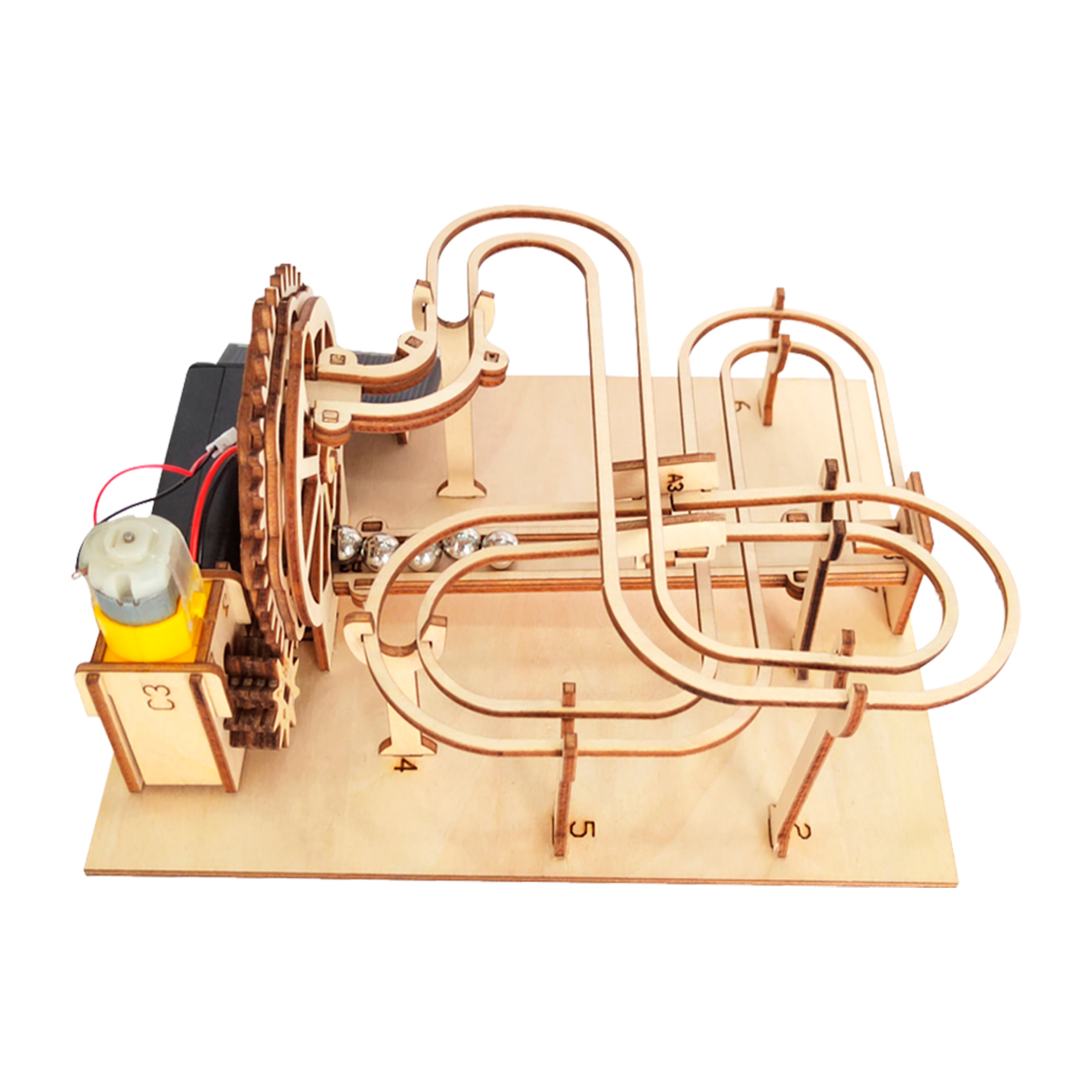 Maqueta de Madera 3D, con movimiento mecánico diseño de Pista de bolas con panel Solar.