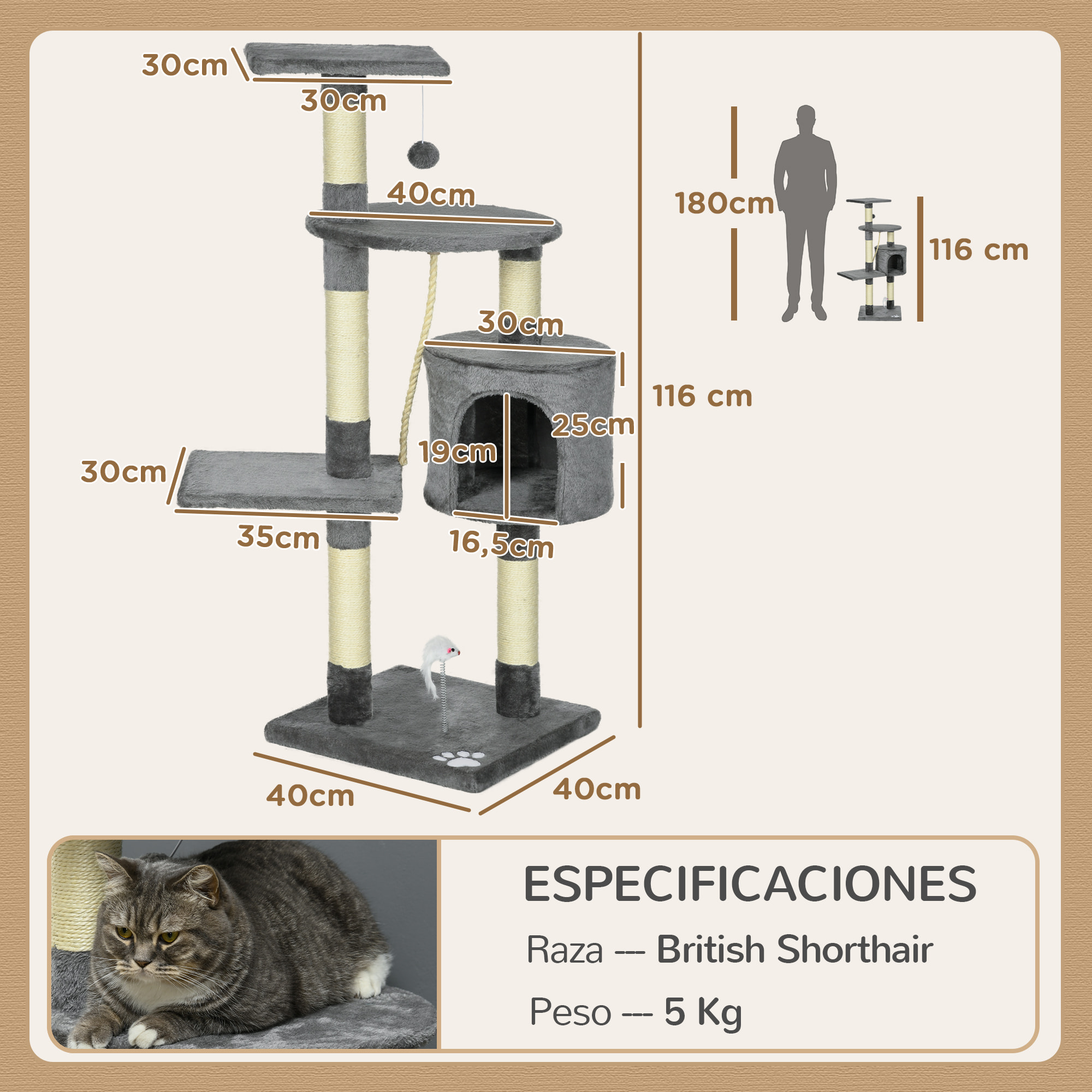 Rascador para Gatos Altura 116 cm Árbol para Gatos Torre de Escalada con Postes Rascadores de Sisal Cueva Plataformas y Juguetes Divertidos Colgantes Gris Oscuro