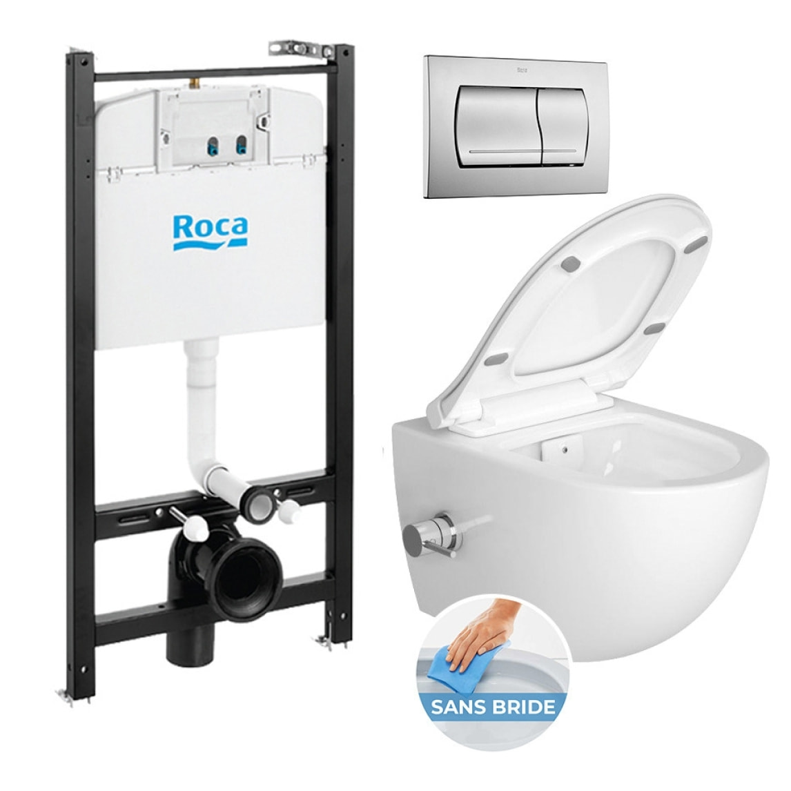 Pack Bâti-support Roca Active + WC sans bride avec fonction bidet thermostatique et fixations invisibles + plaque chrome mat