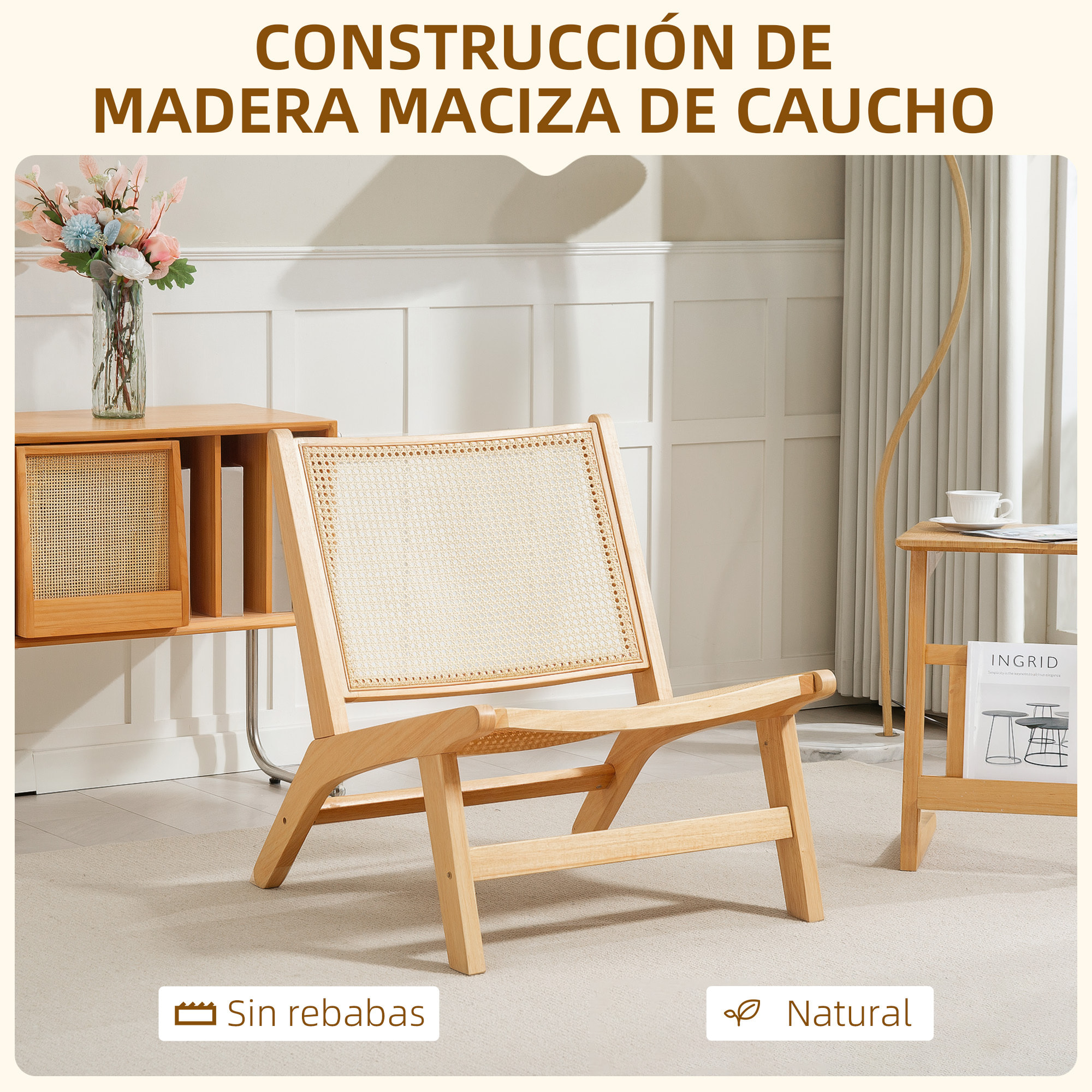 Sillón de Salón Nórdico Butaca de Salón con Respaldo y Asiento Amplio de Ratán Marco de Madera Butaca para Dormitorio Sala de Estar Natural