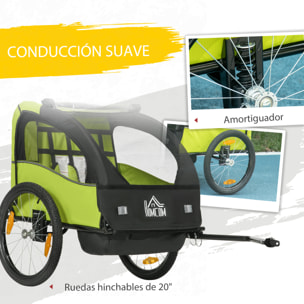 Remolque de Bicicleta para Niños +18 Meses Cochecito para Transporte de 2 Plazas con Cinturón de Seguridad Espacio de Almacenamiento y Sistema de Amortiguador 140x88x90 cm Verde