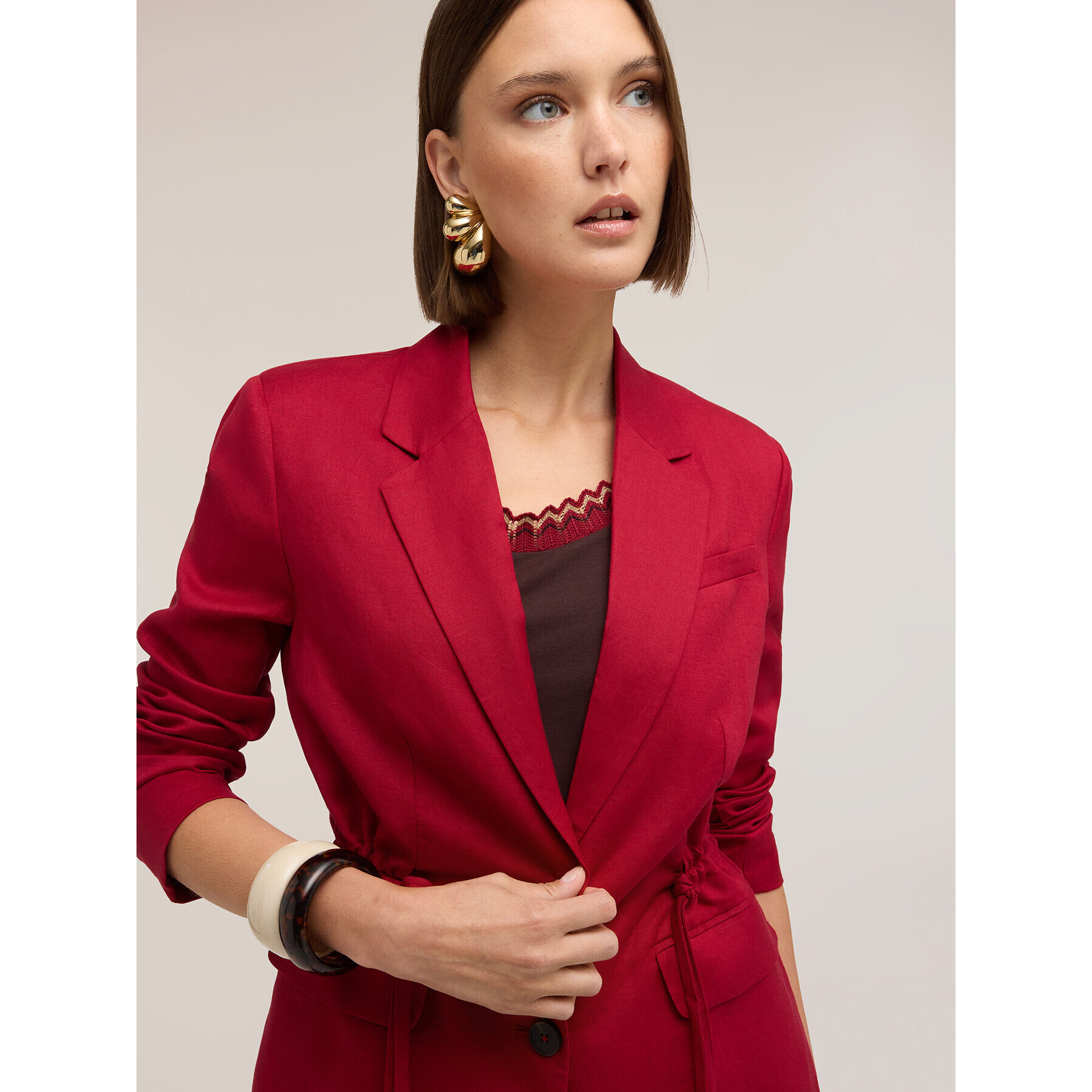 Motivi - Blazer mezcla lino con cordón - Burgundy