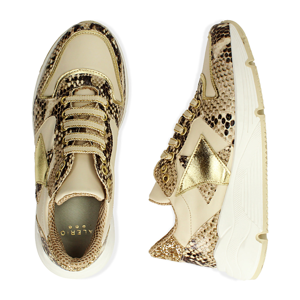 Sneakers beige in pelle stampa vipera, zeppa 4 cm