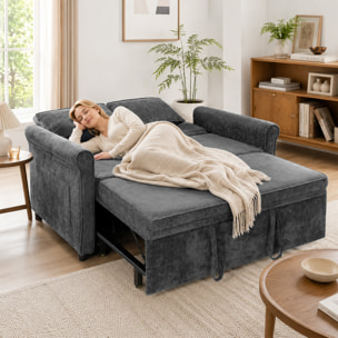 Sofá Cama 2 Plazas 3 en 1, Sofá Cama de Tejido Chenilla con Respaldo Ajustable 5 Niveles, Bolsillos Laterales, 2 Cojines y Reposabrazos Redondeados para Sala de Estar, Espacios Pequeños, Gris