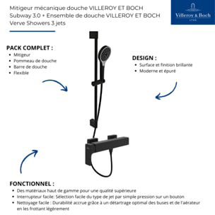 Mitigeur mécanique douche Subway 3.0 Chrome + Ensemble de douche Verve Showers 3 jets Noir mat