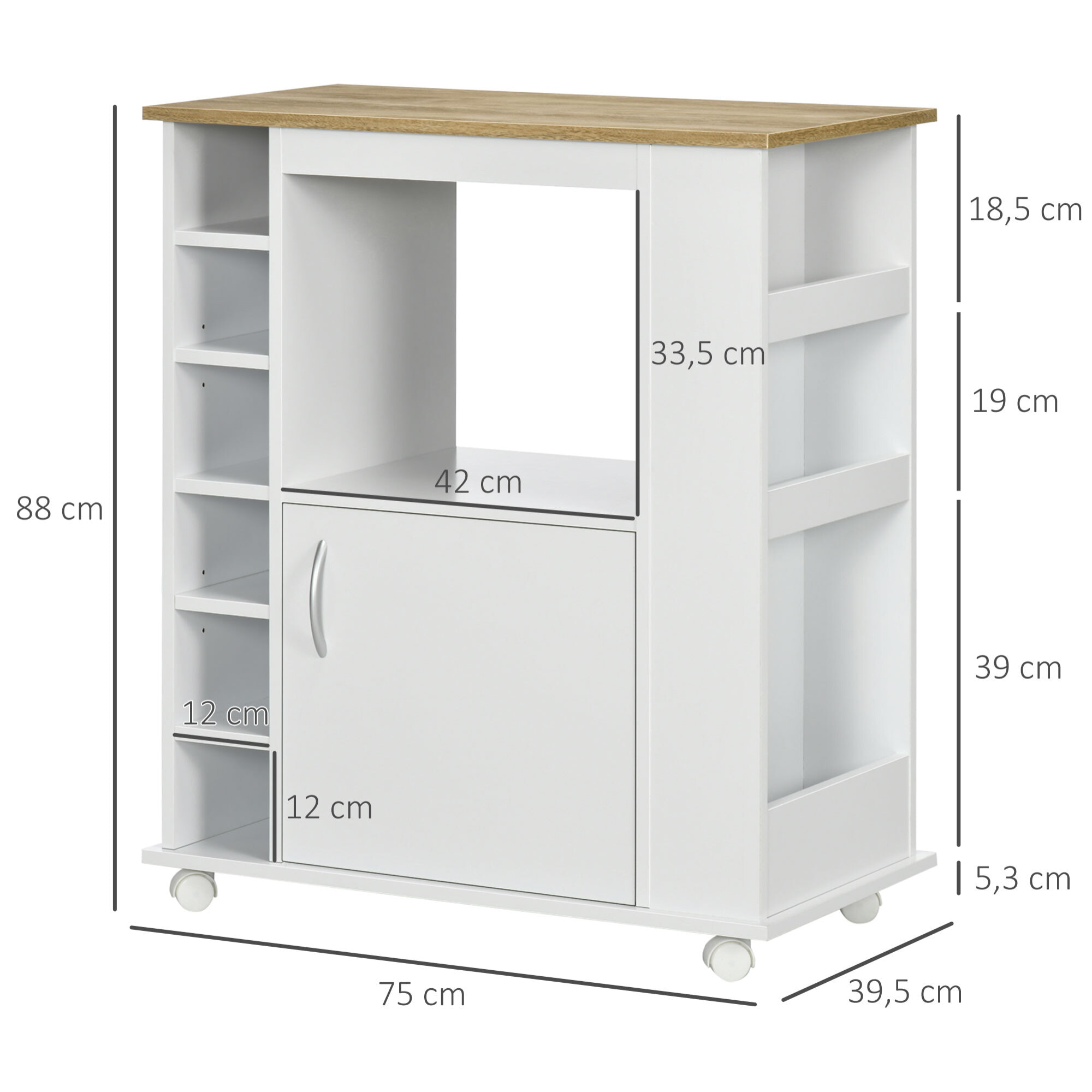 Desserte de cuisine multi-rangement porte grande niche 5 étagères 3 compartiments blanc aspect chêne clair