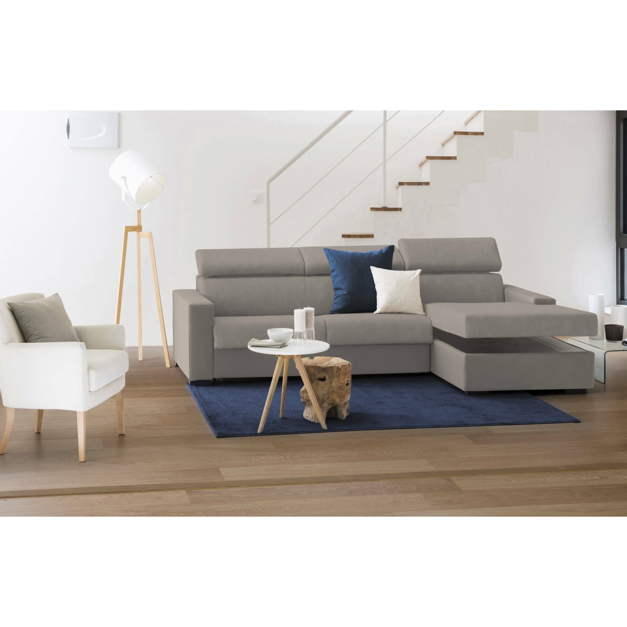 Divano Letto Alberta, Divano ad angolo, 100% Made in Italy, Sofà con apertura girevole, con Penisola contenitore Destra, con Braccioli standard, Cm 280x95h85, Tortora