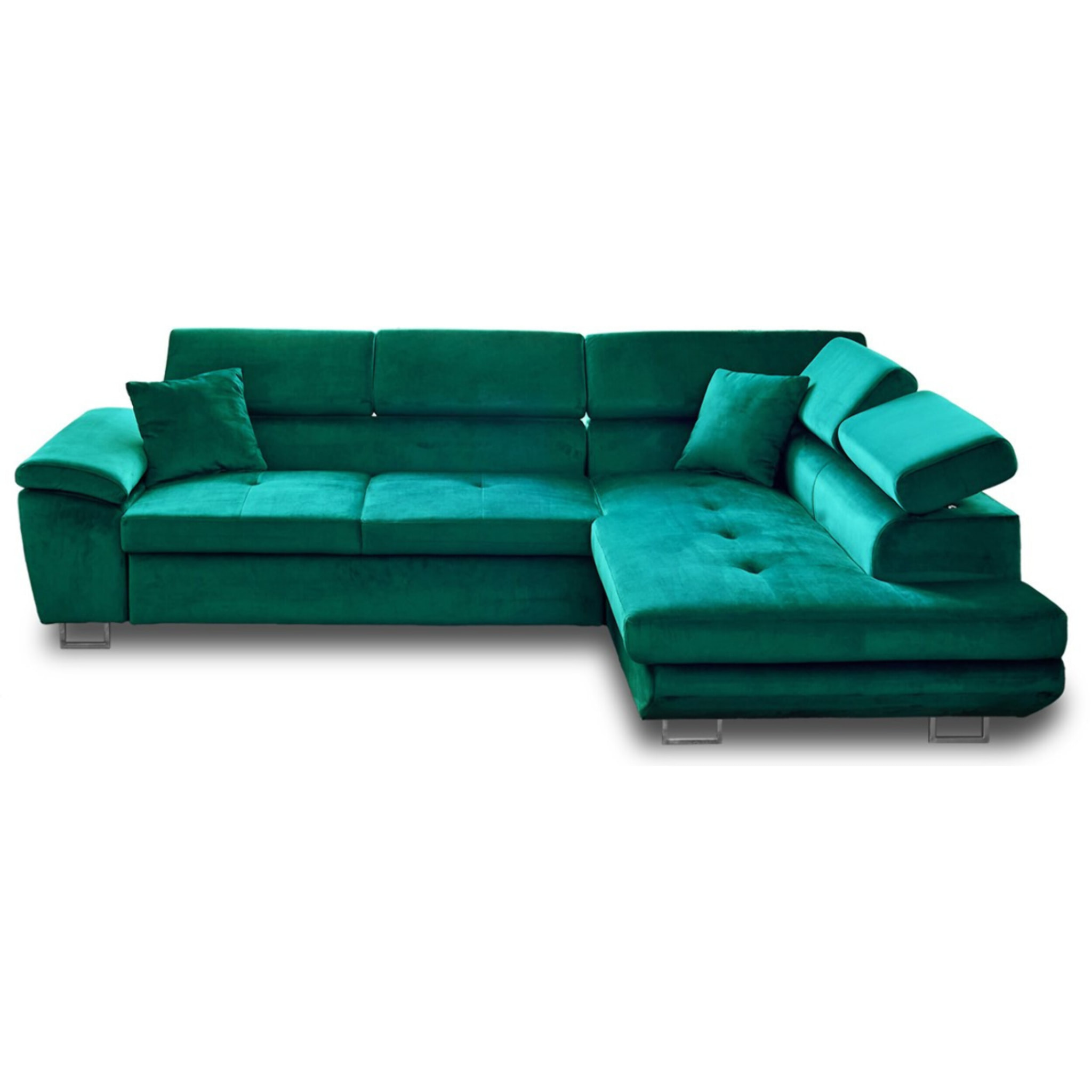 Dimas - canapé d'angle droit 5 places - convertible avec coffre et têtières réglables - en velours - Vert