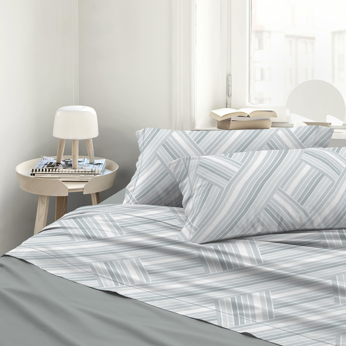 Completo letto stampato leonardo bianco e grigio in raso 100% cotone